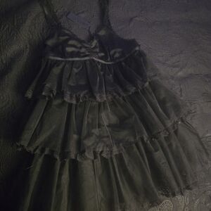 Widow Elegant Black Satin And Tulle Tiered Babydoll Dress